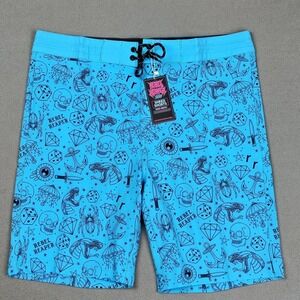 NEW Board Shorts Surf Swim Trunks Men XL Blue Tattoo Biker Pockets Fast Drying